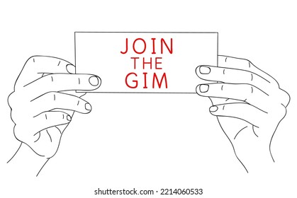 JOIN THE GYM. Message on paper about sports motivation and health lifestyle. Editable hand drawn contour. Sketch in minimalist style. Vector illustration
