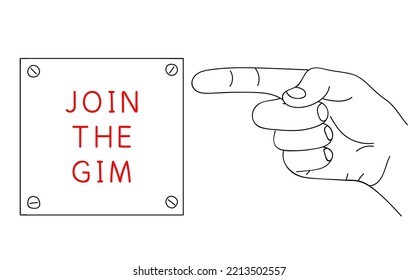 JOIN THE GYM. Message on plate about sports motivation and health lifestyle. Editable hand drawn contour. Sketch in minimalist style. Vector