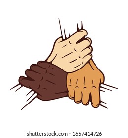 Join hands together. Three hands holding each other isolated on white background. Teamwork concept hand drawing vector illustration. Part of set.