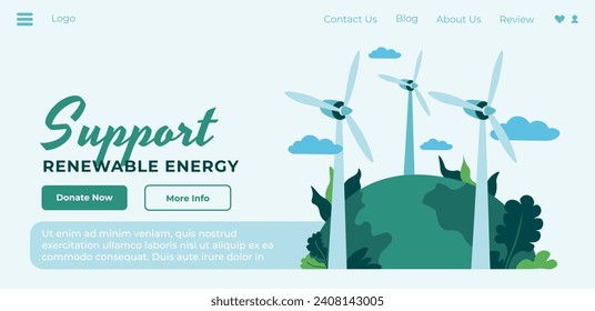 Únase a los grupos locales que apoyan la energía renovable y la sostenibilidad ambiental local. Donar a la organización ambiental. Plantilla de página de inicio del sitio web, sitio de Internet. Vector de estilo plano