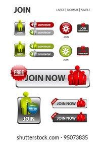 Join now button, collection of user registration icons and buttons