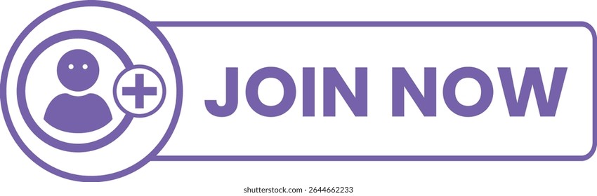 Botão Join Now Outline em roxo vibrante com usuário e ícone de mais, adequado para registro, entrar na comunidade, ingressar no membro. Pode ser usado para o modo escuro