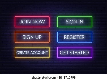 Join now, Sign in, Sign up, Register, Create account, Get started neon sign on a brick background. Multicolored glowing buttons.