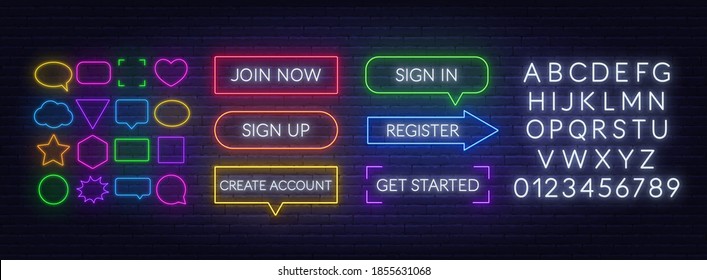 Join now, Sign in, Sign up, Register, Create account, Get started neon sign on a brick background. Template for a design with speech bubble frames and white alphabet.