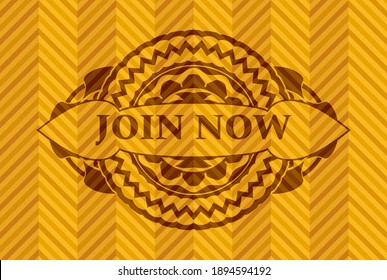 Join now text inside abstract orange color emblem. Geometric handsome background. Intense illustration. 