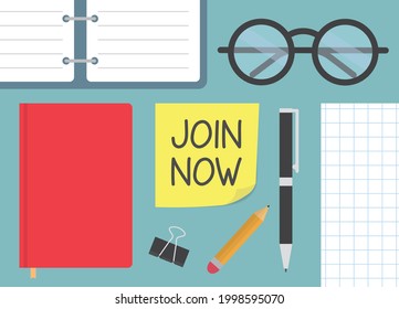join now written on yellow sticky note on office desk- vector illustration