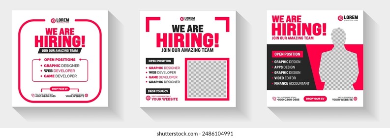 join our amazing team We are hiring job opportunity or Job recruitment social media post Square web banner with red and black color. We are hiring job vacancy social media post banner template set.