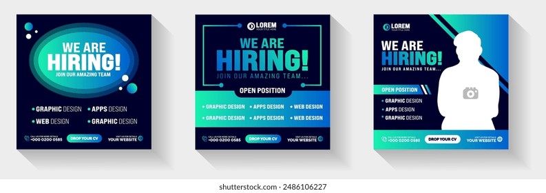 join our amazing team We are hiring job opportunity or Job recruitment social media post Square web banner with blue and black color. We are hiring job vacancy social media post banner template set.