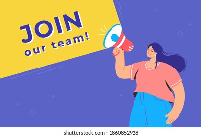 Join our creative team concept illustration of happy woman shouting on megaphone to invite new teammates for new project. Flat vector design for web banner for hiring to the project and increase staff