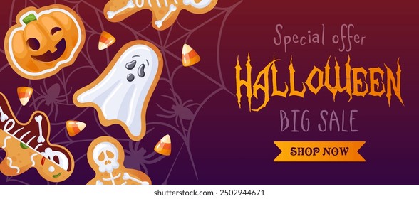 Join our Halloween Big Sale with festive treats and colorful decorations. treats, whimsical ghosts, and vibrant pumpkins. Bright horizontal vector banner. For advertising, website, poster, sale flyer.