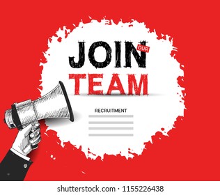 Join our team advertising sign with megaphone red background