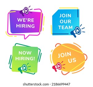 Join our team announcement with megaphone. Recruitment process with vacant jobs, open position advertisement with loudspeaker. Work opportunity message for candidates isolated vector set
