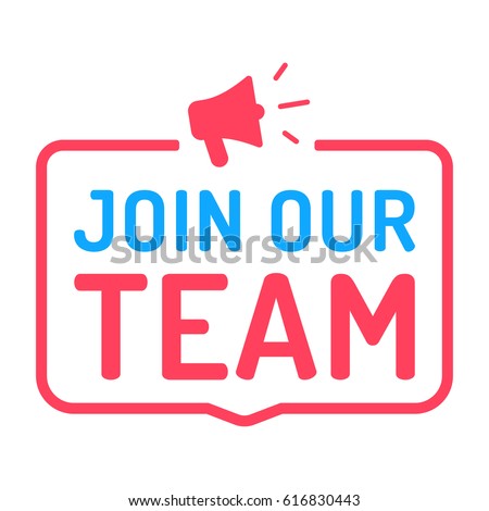 Join our team. Badge with megaphone icon. Flat vector illustration on white background.