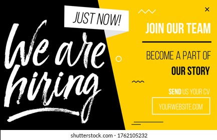 Join our team banner, poster of flyer template with yellow, white and black colors. Recruitment design template with abstract geometric shapes and brush lettering. Vector illustration