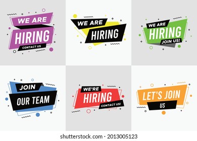 Join our team banner set. We are hiring communication poster. We are hiring, join our team and vacancy announcement flyer templates. Recruitment companies advertisement vector set. 