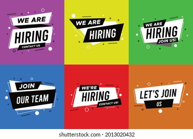 Join our team banner set. We are hiring communication poster. We are hiring, join our team and vacancy announcement flyer templates. Recruitment companies advertisement vector set.