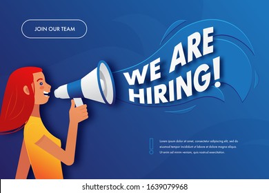 Join our team banner. We are hiring advertising sign with megaphone. Woman shouting through a loudspeaker. Vector illustration