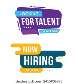 Join our team banners. We are hiring communication poster, help wanted advertising banner with speaker and vacant badge. Hr recruiting hire, vacancy job offer isolated vector signs set