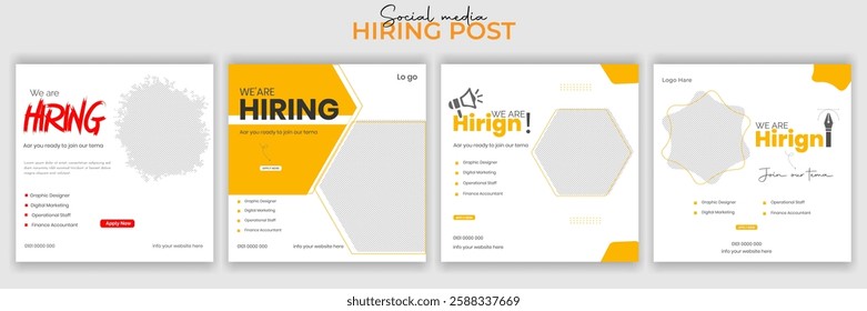 Join our team banners. We are hiring communication poster, help wanted advertising banner with speaker and vacant badge. Hr recruiting hire, vacancy job offer isolated vector signs set