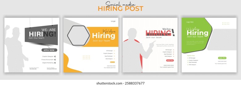 Join our team banners. We are hiring communication poster, help wanted advertising banner with speaker and vacant badge. Hr recruiting hire, vacancy job offer isolated vector signs set