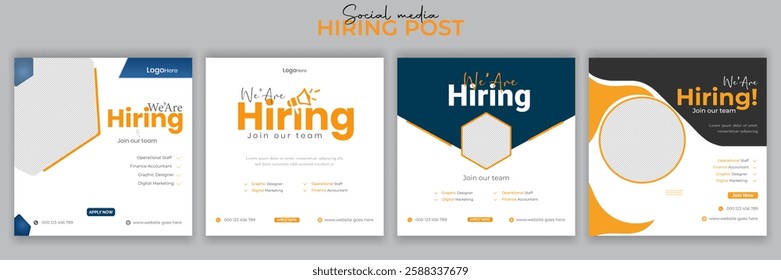 Join our team banners. We are hiring communication poster, help wanted advertising banner with speaker and vacant badge. Hr recruiting hire, vacancy job offer isolated vector signs set