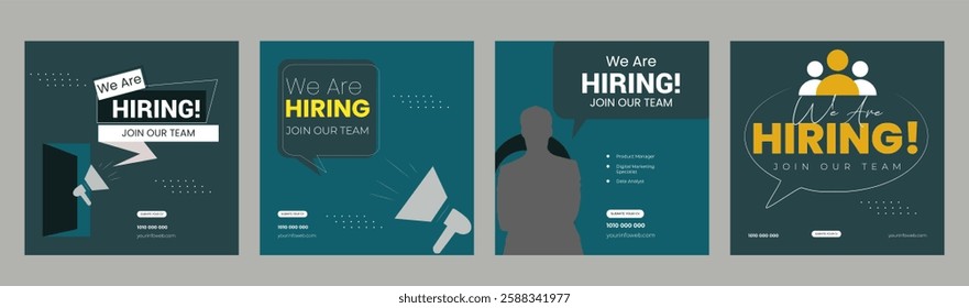 Join our team banners. We are hiring communication poster, help wanted advertising banner with speaker and vacant badge. Hr recruiting hire, vacancy job offer isolated vector signs set