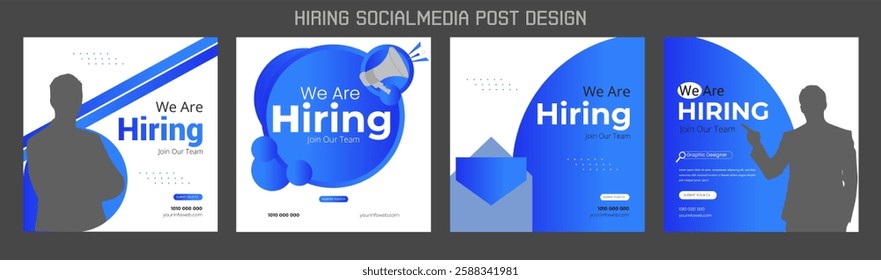 Join our team banners. We are hiring communication poster, help wanted advertising banner with speaker and vacant badge. Hr recruiting hire, vacancy job offer isolated vector signs set