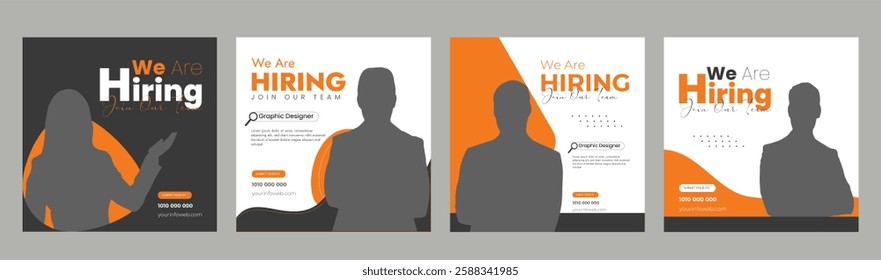 Join our team banners. We are hiring communication poster, help wanted advertising banner with speaker and vacant badge. Hr recruiting hire, vacancy job offer isolated vector signs set