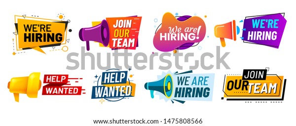 Join\
our team banners. We are hiring communication poster, help wanted\
advertising banner with speaker and vacant badge. Hr recruiting\
hire, vacancy job offer isolated vector signs\
set