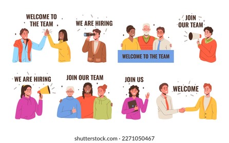 Join our team banners. Welcome to team, we are hiring and join us. Headhunting and human resource research vector illustrations set. New colleagues shaking hands, man looking in binoculars