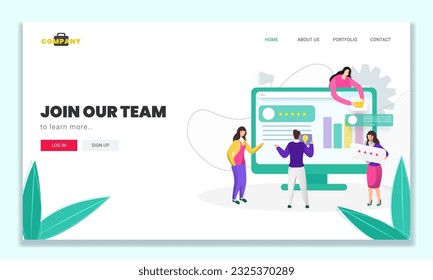 Join Our Team Based Landing Page with Illustration of Business Man and Women Working Together to Maintain the Website in Computer.