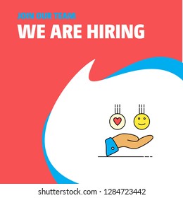 Join Our Team. Busienss Company Emoji in hands We Are Hiring Poster Callout Design. Vector background