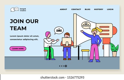 Join our team, business project with team leader giving orders. Programmers on seminar discussing idea. Megaphone for announcements. Website or webpage template, landing page flat style vector