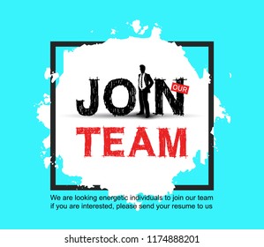 Join our team with businessman silhouette in square white brush isolated on blue background