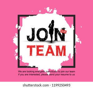Join our team with businesswoman silhouette in square white brush isolated on pink background