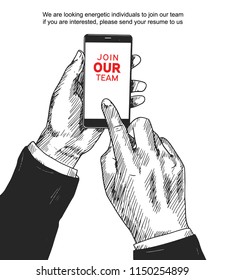 Join our team concept design with hand holding mobile phone. Vector illustration for recruitment purpose. Hand drawing style