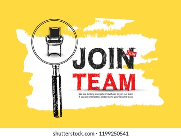 Join our team concept design with magnifying glass choosing seat for recruitment purpose