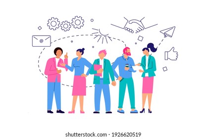 Join our team concept with group of cosmopolite people working together. Office teamwork or coworking metaphor. Flat Art Vector illustration