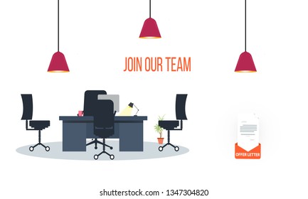 join our team concept with Office interior modern flat vector illustration. Business table with computer monitor and chair on white background. 