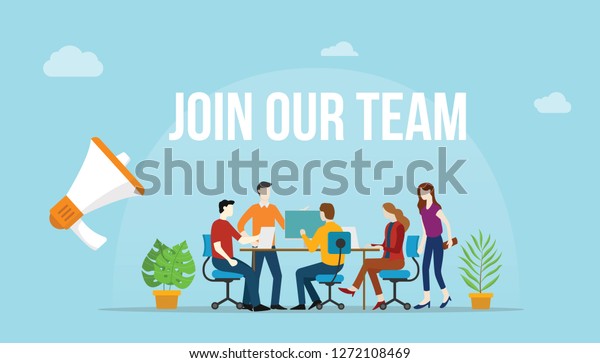 join our team concept with team people working\
together on the desk -\
vector