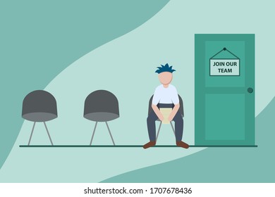 ÚNETE A NUESTRO concepto DE EQUIPO. Cartel plano de reclutamiento. hombre en la silla frente a la puerta por dar una entrevista de trabajo. Estilo plano.