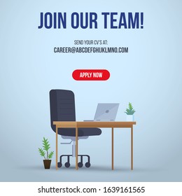 Join our team decent vacancy post for social media marketing with decent chair and table in it. We are hiring post for facebook and instagram hiring