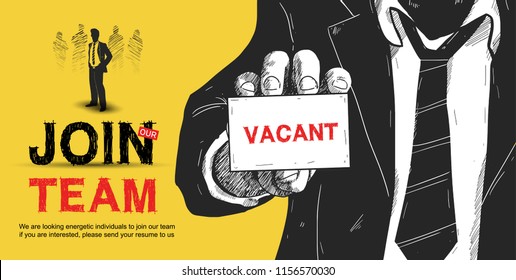 Join our team design concept for recruiting with man show card and businessman on yellow background. Hand drawing style vector illustration