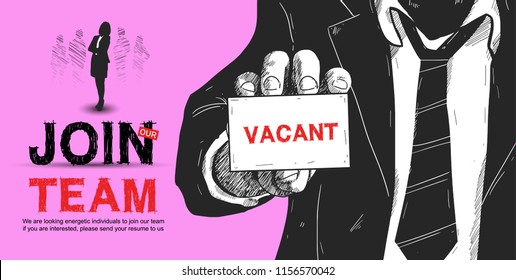 Join our team design concept for recruiting, man show card with sign vacant and businesswoman. Hand drawing style vector illustration on purple background