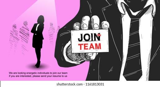 Join our team design concept for recruiting with man show card and businesswoman in spotlight. Hand drawing style vector illustration on purple background