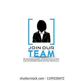 Join our team design concept with the businesswoman in blue square. Vector design for recruitment female employee purpose