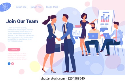 Join our team! Flat design recruiting and hiring web page vector template. Young man and woman shaking hands over office  working people  concept for landing page, template, ui, web, mobile app.