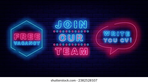 Únase a nuestro equipo. Colección gratuita de etiquetas de neón de vacante. Contrata y escribe tu cv. Diseño de búsqueda de empleo. Cartel de reclutamiento. Volante brillante. Luminosos anuncios. Trazo editable. Ilustración del vector