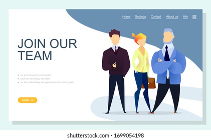 Join our team get best service online app slider. Man and woman worker characters wearing suit standing together teamwork power. Website or webpage template, landing page flat design style vector