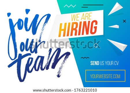 Join our team, hiring banner template flat style vector illustration. Send cv for employment. Website with calligraphy phrase, info and button. Recruiting concept